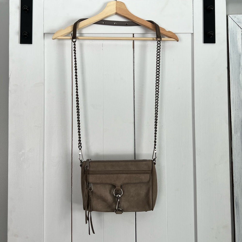 Rebecca Minkoff mini M.A.C. crossbody bag in porcini suede and gunmetal hardware